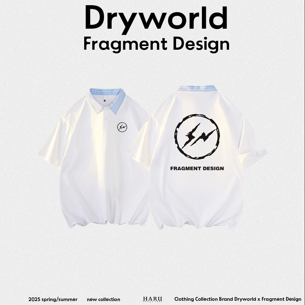 聯名 Dryworld X Fragment Design 閃電LOGO 日系街頭 簡約 POLO衫 重磅 撞色 條紋翻領  短袖上衣  FD-XYT319KT3026