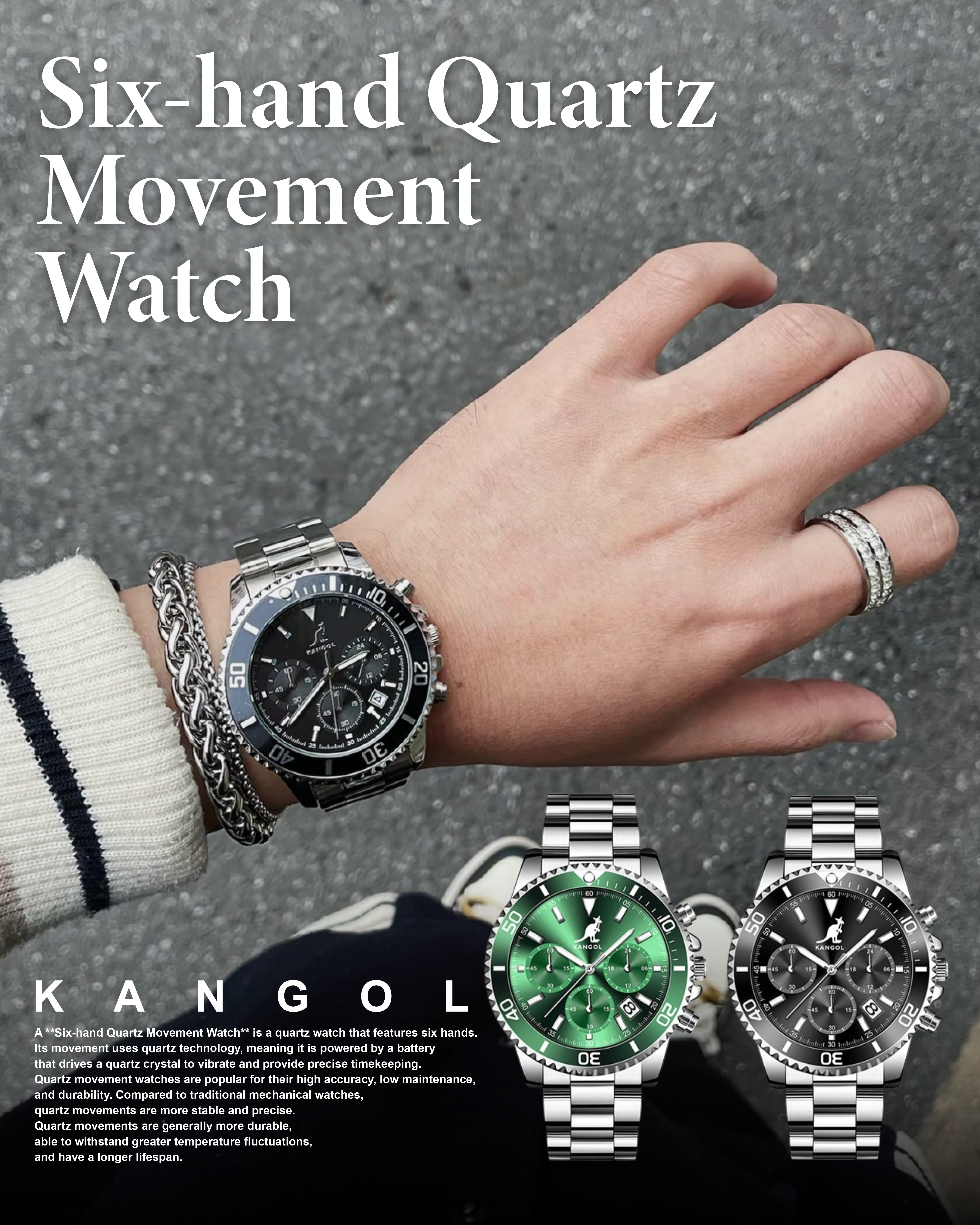 #預購 KANGOL 石英機芯 防水 三眼六針 手錶 兩色 KA825