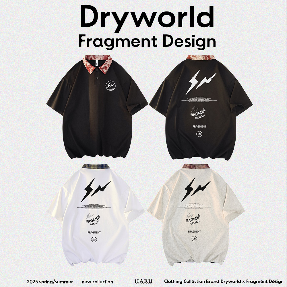 聯名 Dryworld X Fragment Design 閃電LOGO 美式街頭 簡約 POLO衫 重磅 撞色 扎染 經典格紋翻領 短袖上衣 FD-XYT319KT3023