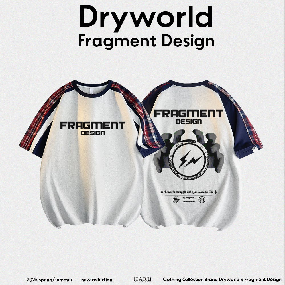 聯名 Dryworld X Fragment Design 閃電LOGO 歌德字體 標語 拼接格紋 圓領上衣 短袖上衣 FD-XYT319KT3022