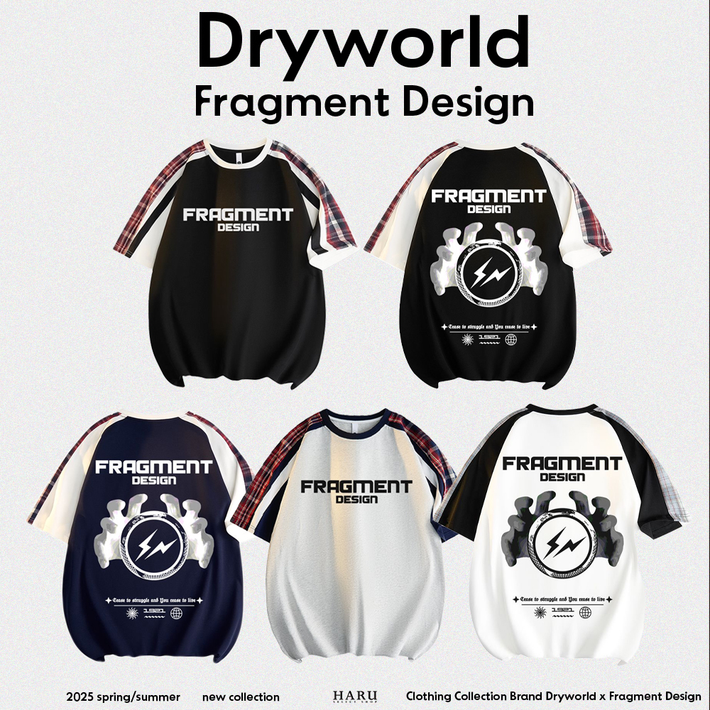 聯名 Dryworld X Fragment Design 閃電LOGO 歌德字體 標語 拼接格紋 圓領上衣 短袖上衣 FD-XYT319KT3022