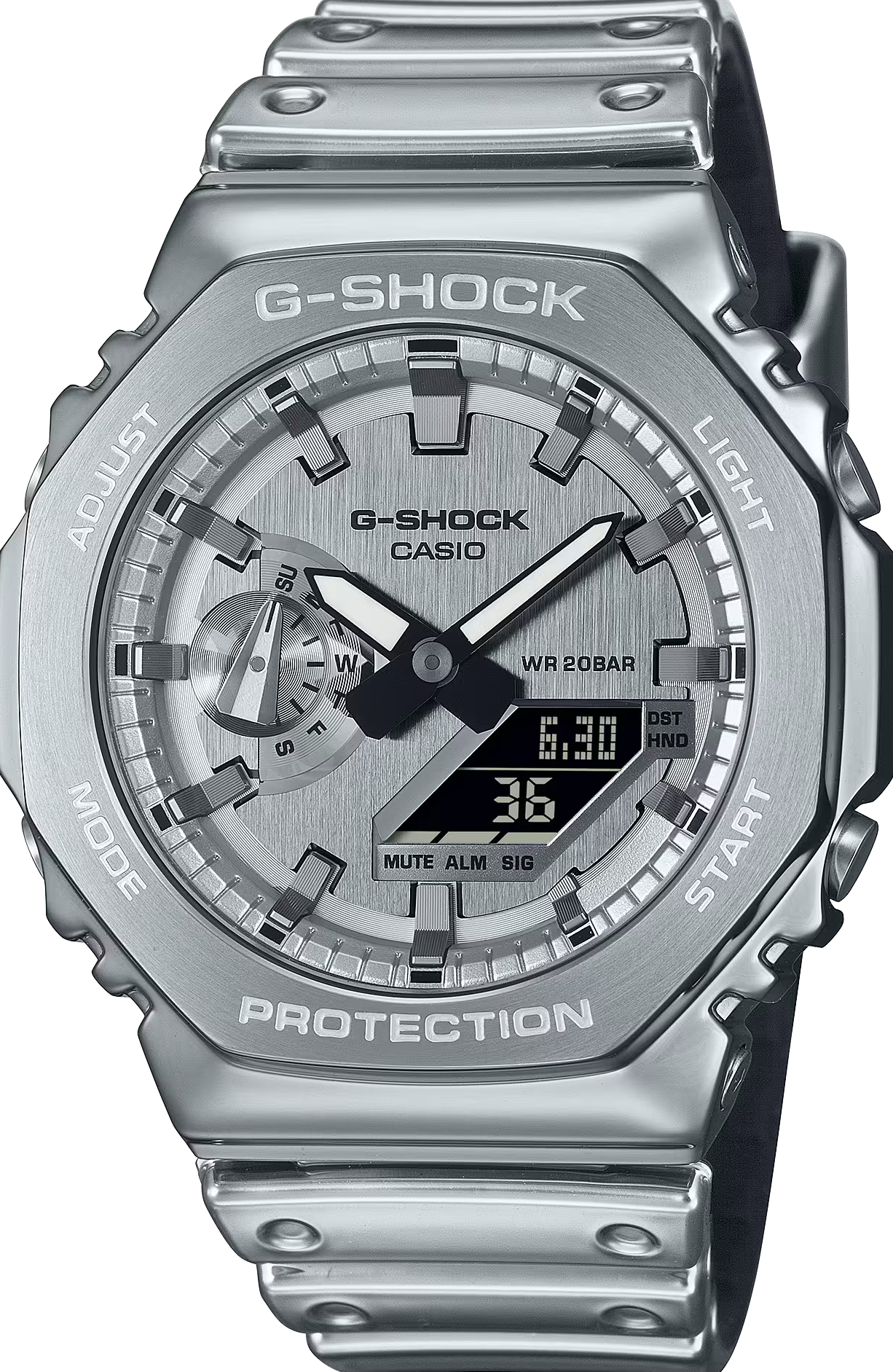 萬年鐘錶 - G-SHOCK  八角錶殼系列 銀色金屬錶圈金屬光澤橡膠錶帶電子錶 GM-2100YM-8A 錶徑 : 44.4 mm