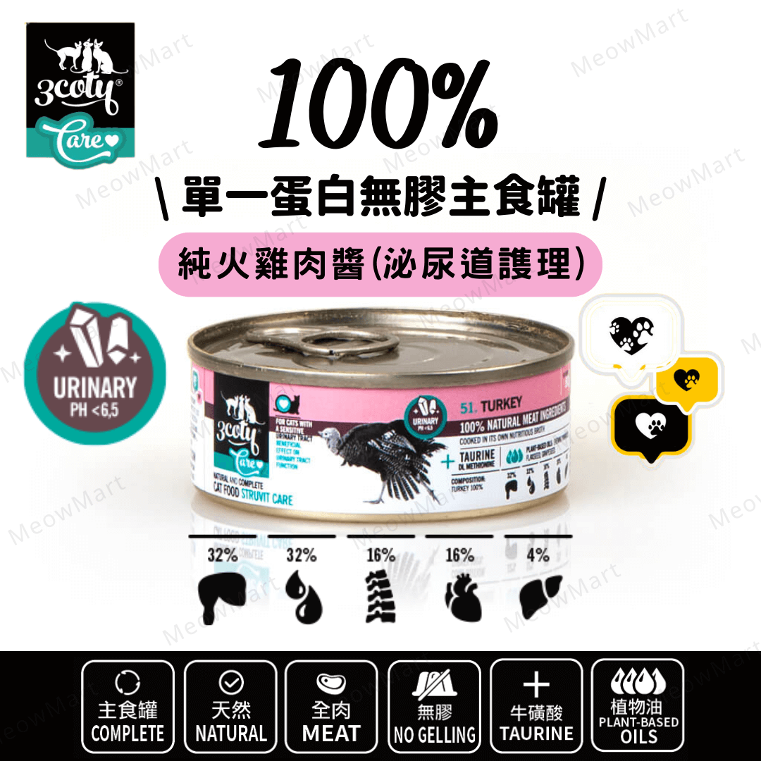 3coty® 100%單一蛋白無膠主食罐 - 純火雞肉醬 (泌尿道護理) 80g