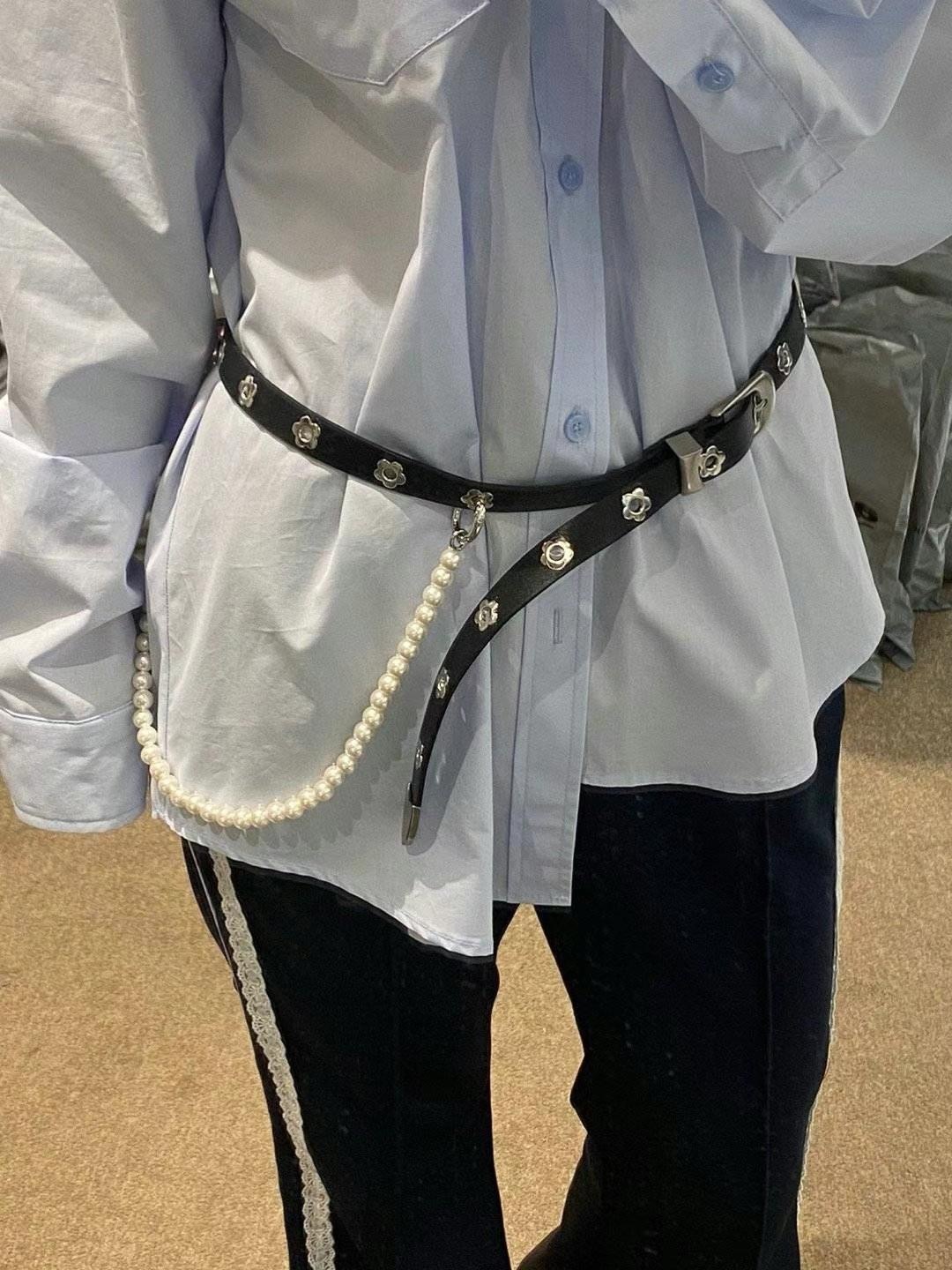 珍珠掛飾銀釦個性腰帶