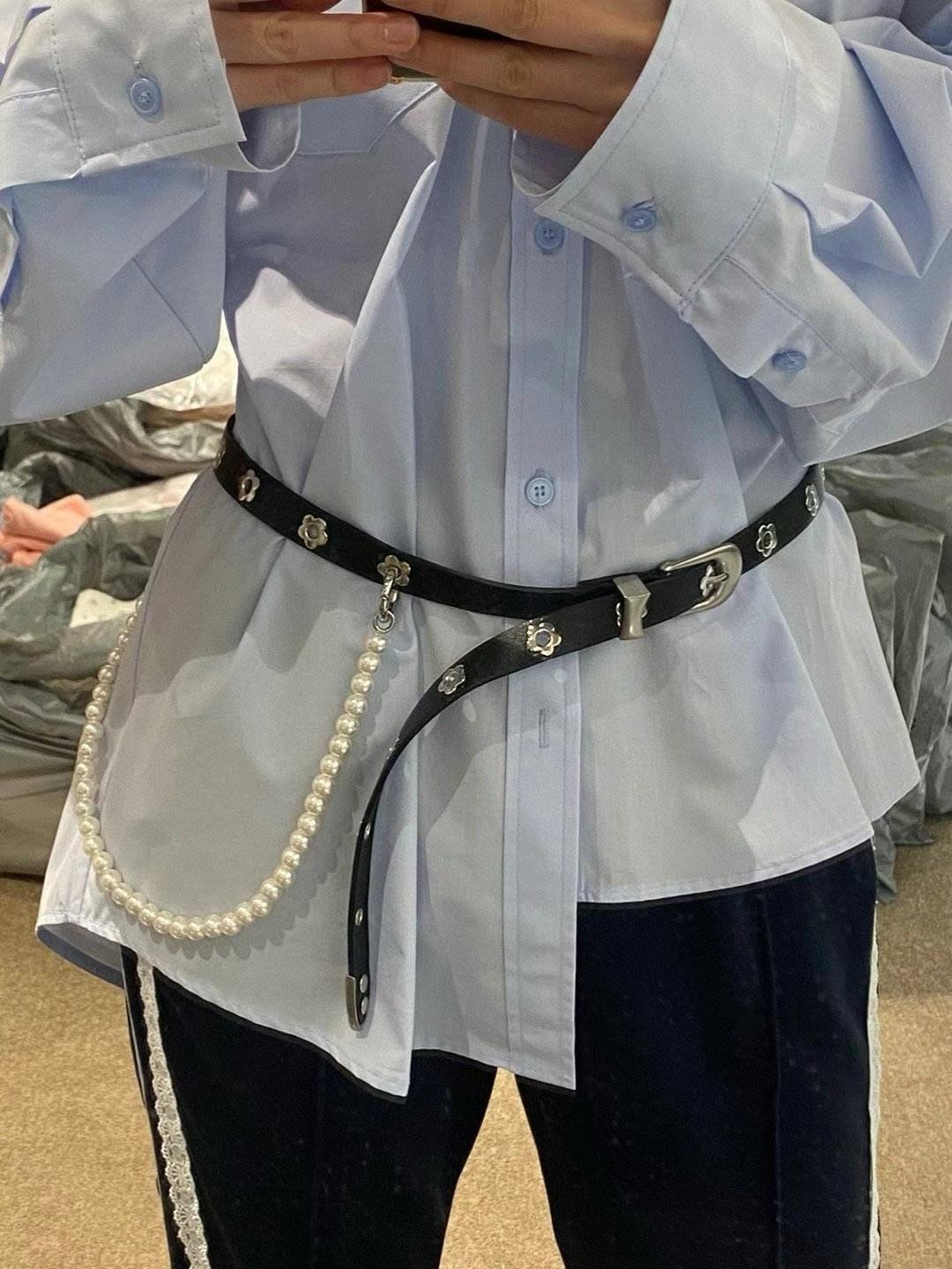 珍珠掛飾銀釦個性腰帶