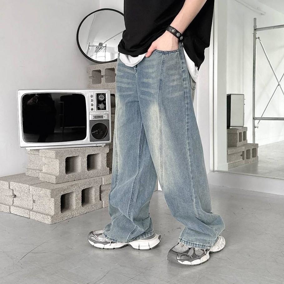 韓國長褲 仿舊刷白廓行牛仔褲 80791