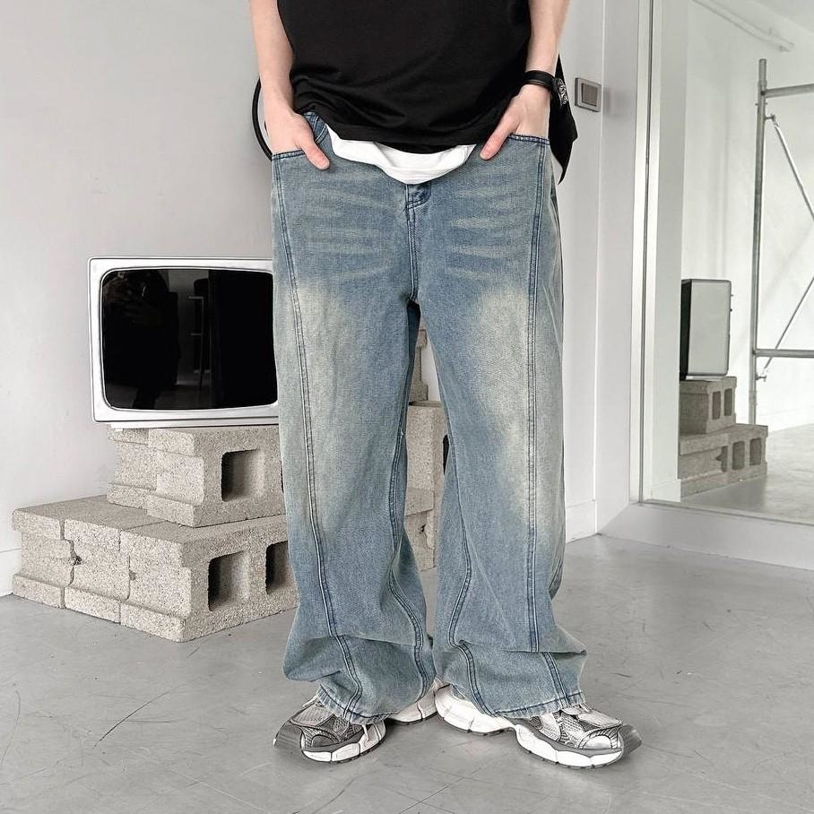 韓國長褲 仿舊刷白廓行牛仔褲 80791