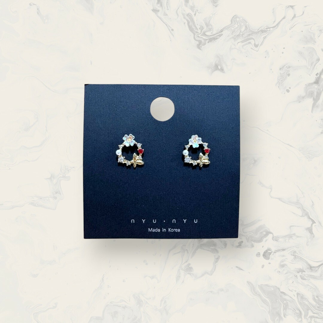 韓國直送-鋼針 白花+金蝴蝶花圈