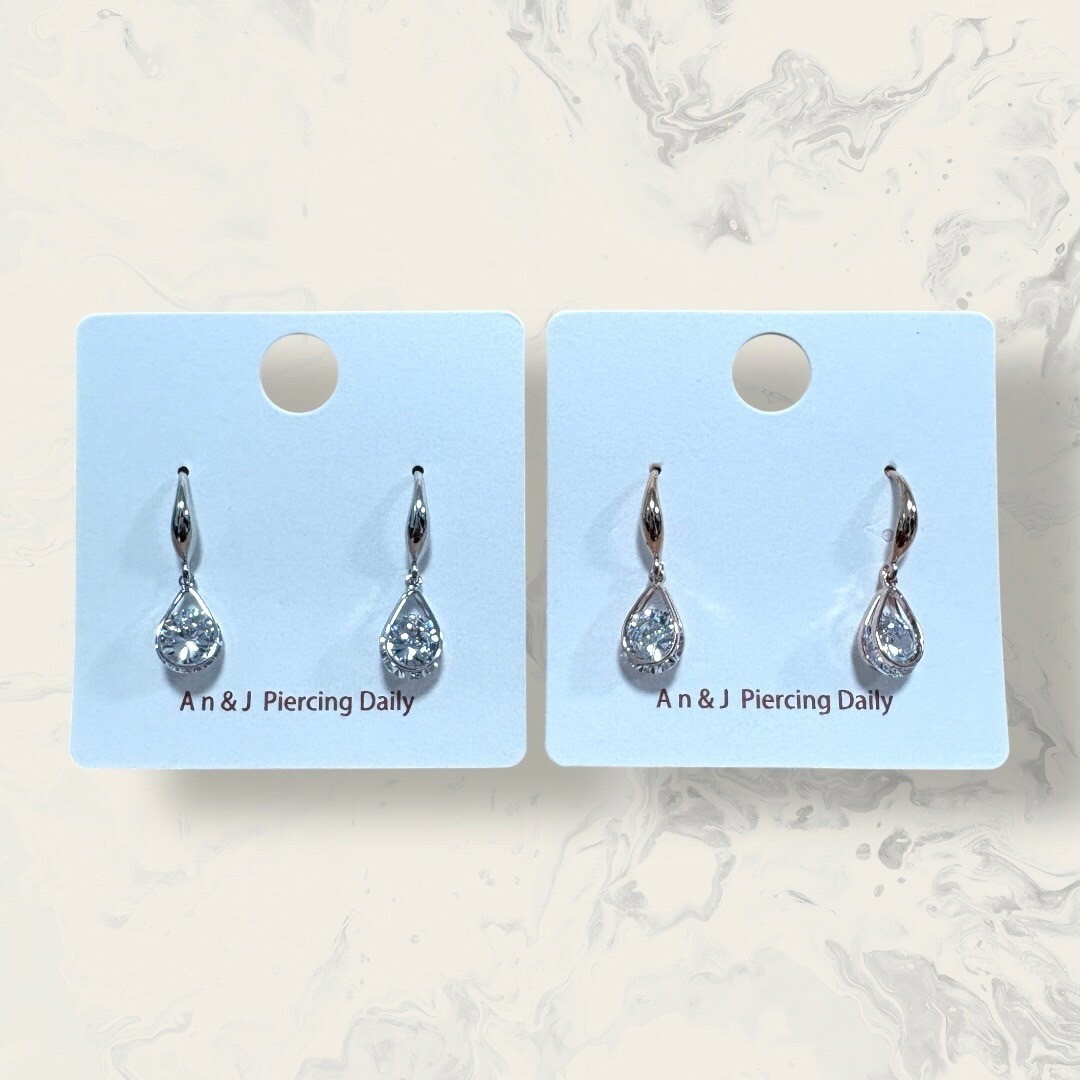 925耳針-耳勾式 垂吊雙層水滴框夾白鋯 2色