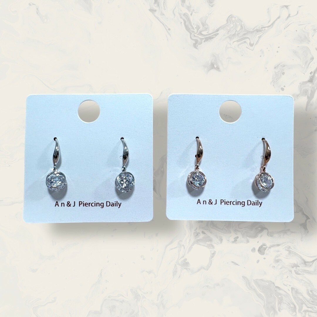 925耳針-耳勾式 垂吊雙層圓框夾白鋯 2色