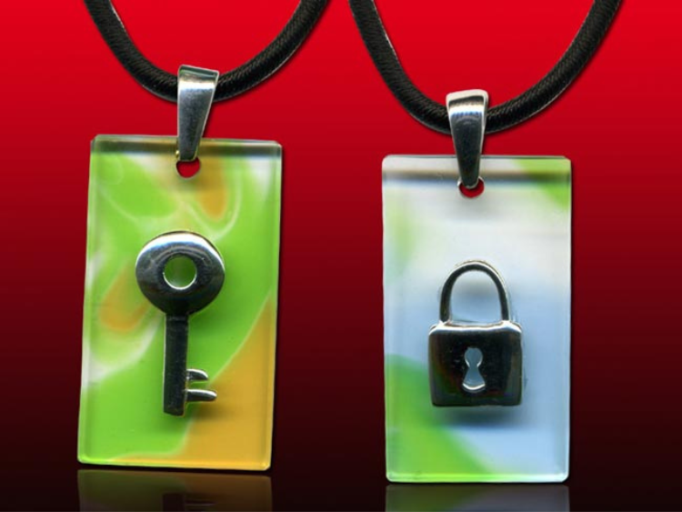 鹿港窯水晶琉璃｜鎖住心扉銀飾項鍊  真愛相守心心相印開運納福（一對）