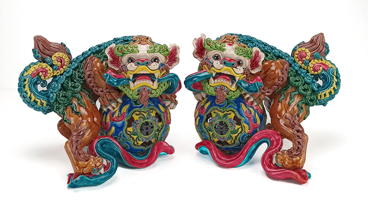 鹿港窯禮品館│國寶級交趾陶大火獅對│守護家園的藝術瑰寶