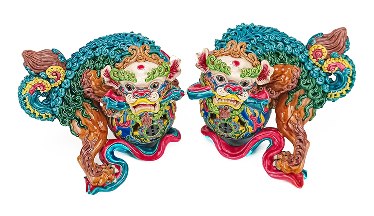 鹿港窯禮品館│國寶級交趾陶大火獅對│守護家園的藝術瑰寶