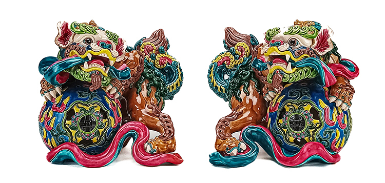 鹿港窯禮品館│國寶級交趾陶大火獅對│守護家園的藝術瑰寶