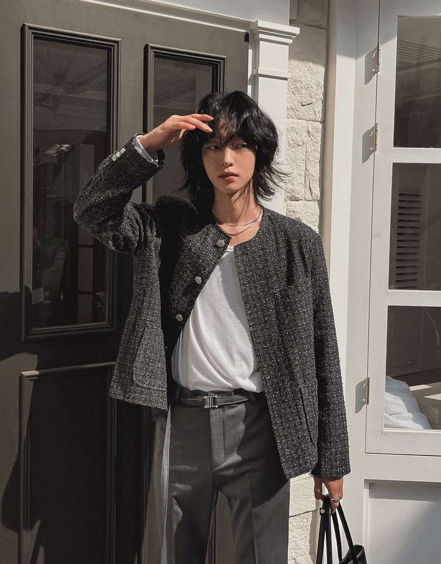 圓領牛仔粗呢夾克外套