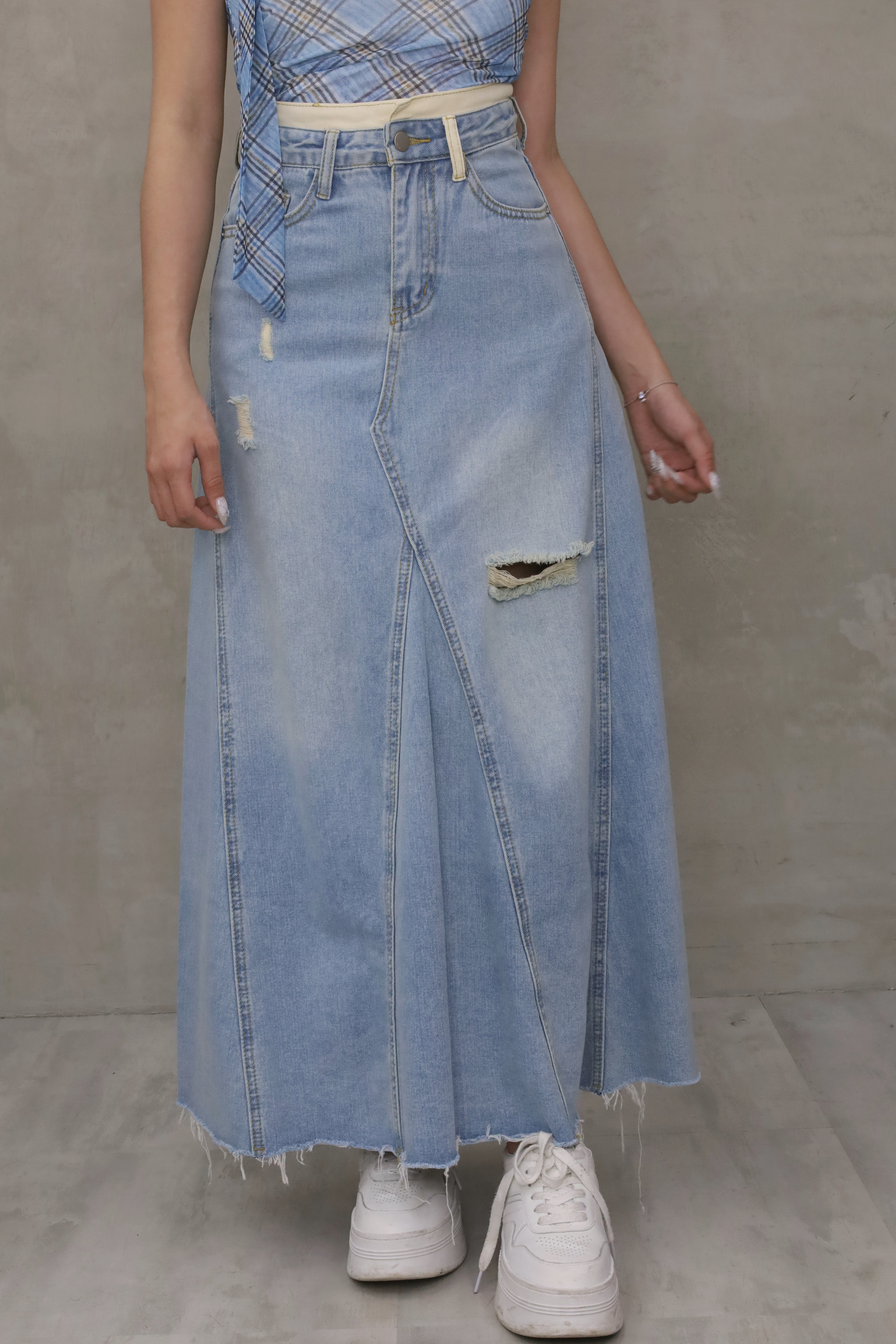 高腰刷破牛仔長裙