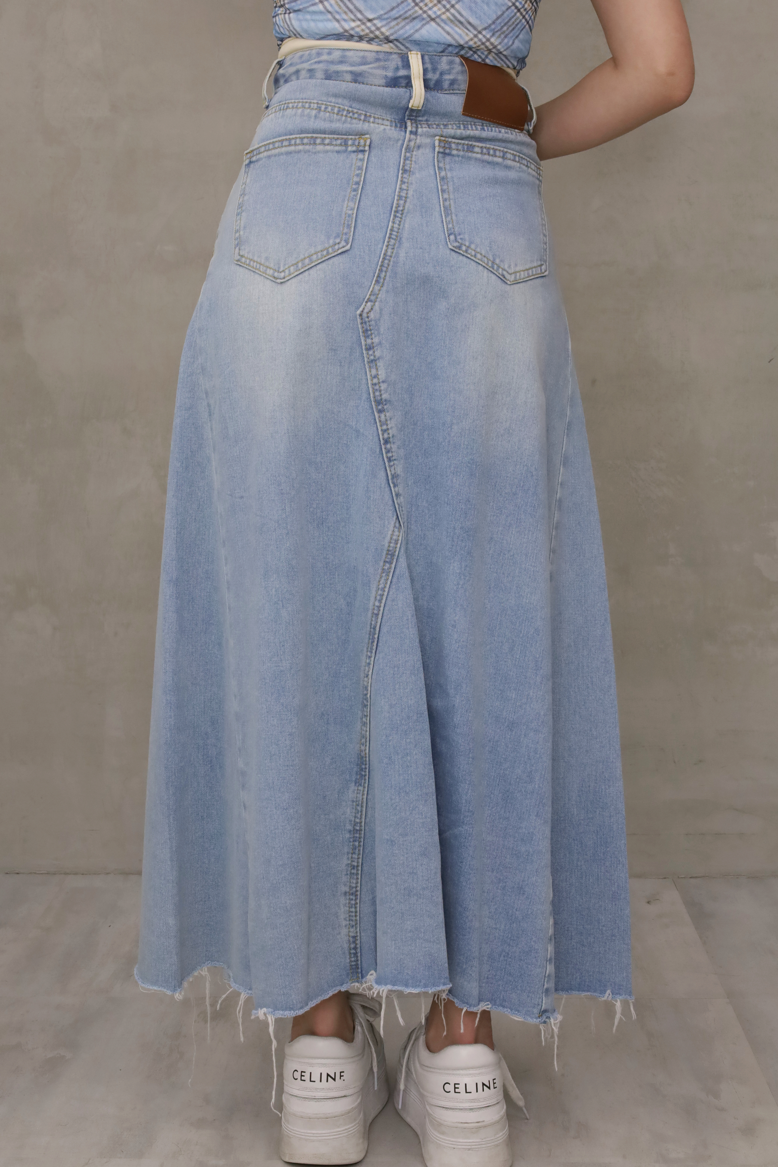 高腰刷破牛仔長裙