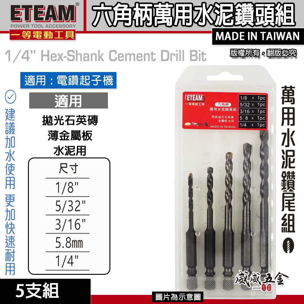 一等 ETEAM｜六角柄萬用水泥鑽頭 六角軸水泥鑽尾 拋光石英磚 金屬板鑽頭組｜盒裝-5支組｜台灣製