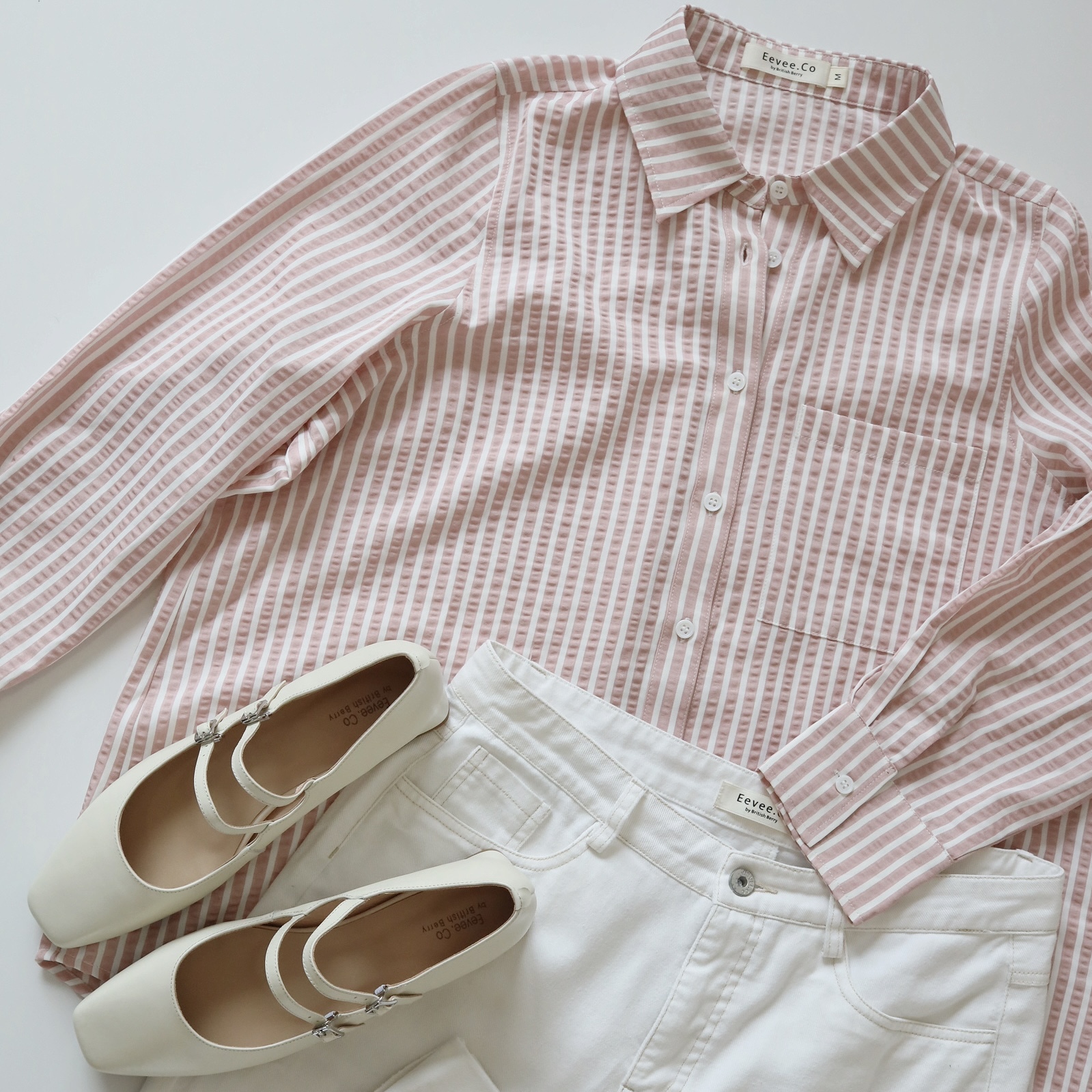 現貨 7160 粉紅白間正肩襯衫