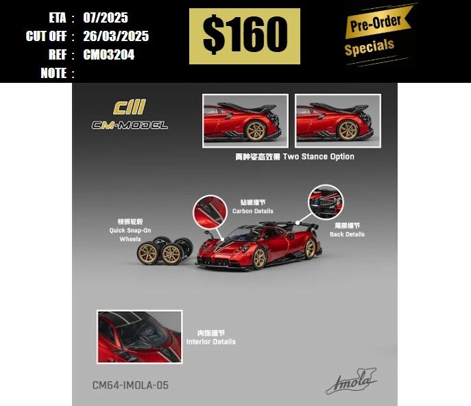 PO-$160 * CM MODEL * 1:64 PAGANI IMOLA V12 METALLIC RED [OD20/03]