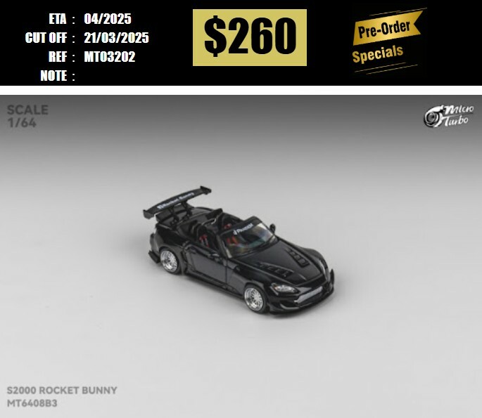PO-$260 * MICRO TURBO * 1:64 HONDA S2000 AP1 PANDEM ROCKET BUNNY METALLIC BLACK [OD20/03]