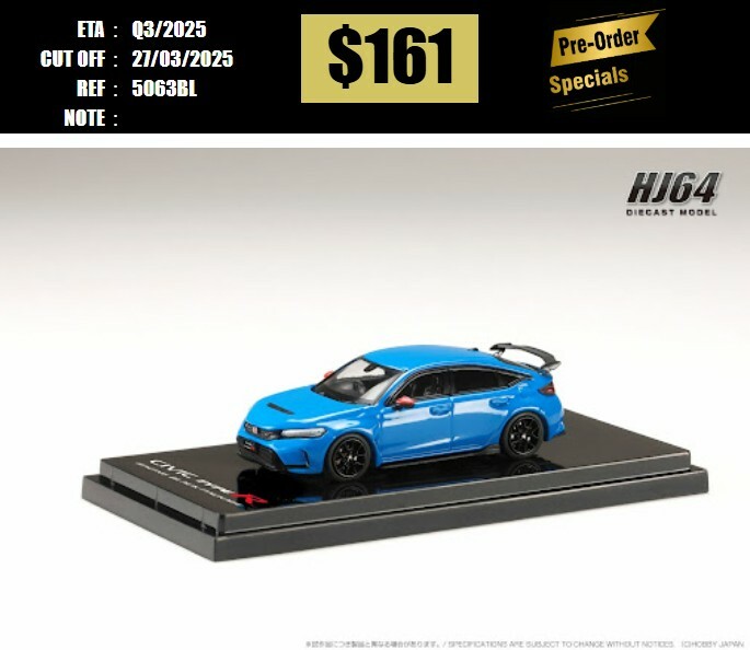 PO-$161 * HOBBY JAPAN * 1:64 HONDA CIVIC TYPE R FL5 RACING BLACK PACKAGE 2025 W/GENUINE OPTIONAL PARTS BLUE [OD20/03]