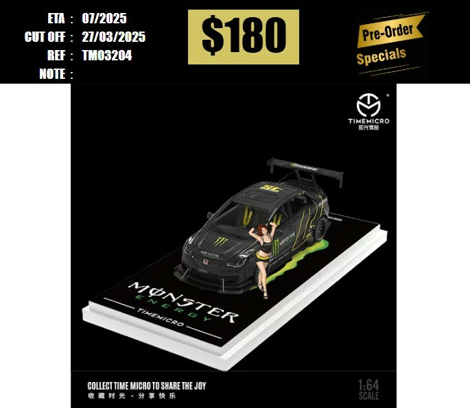 PO-$180 * TIME MICRO * 1:64 HONDA CIVIC TYPE R FD2 TRACK EDITION MONSTER W/FIGURE [OD20/03]