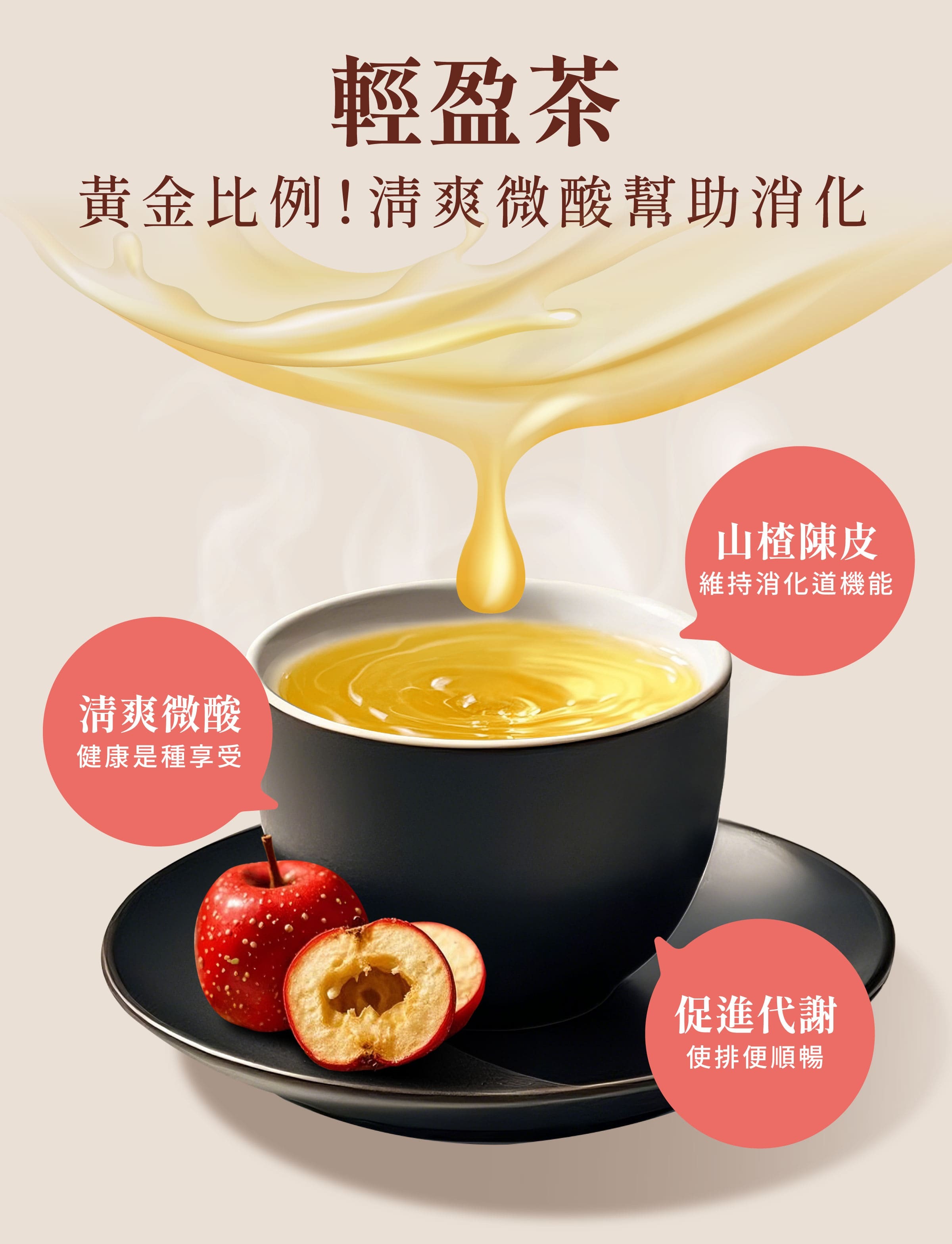 登義輕盈茶特色，清爽微酸，幫助維持消化道機能、促進新陳代謝，適合上班族，還有外食族