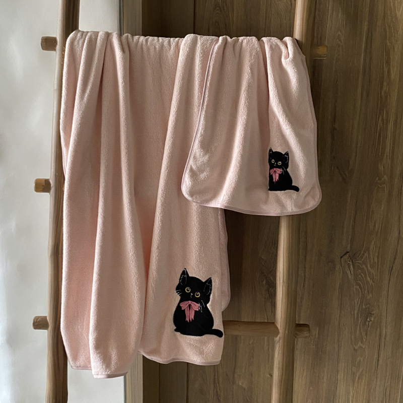 《03202》黑貓咪粉色珊瑚絨毛巾/浴巾