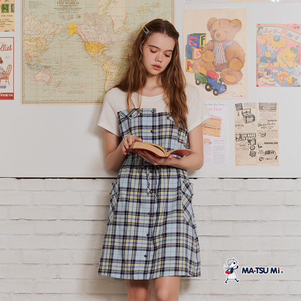 MA‧TSU Mi 學院風格紋拼接縮腰洋裝(水藍.紅)