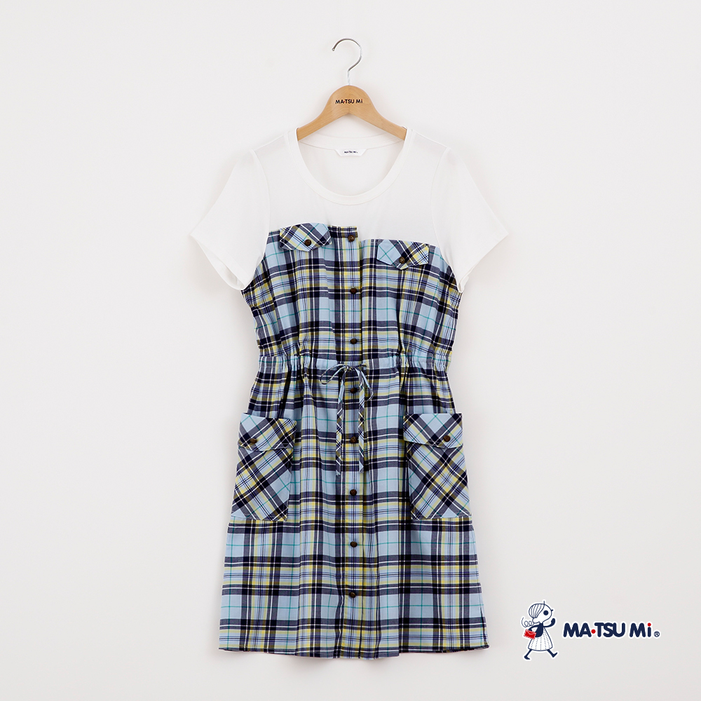 MA‧TSU Mi 學院風格紋拼接縮腰洋裝(水藍.紅)