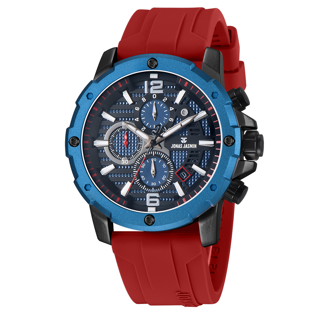【Jonas Jasmin 喬納斯】JJ-5365MC-P計時三眼帶日期男款矽膠石英錶-