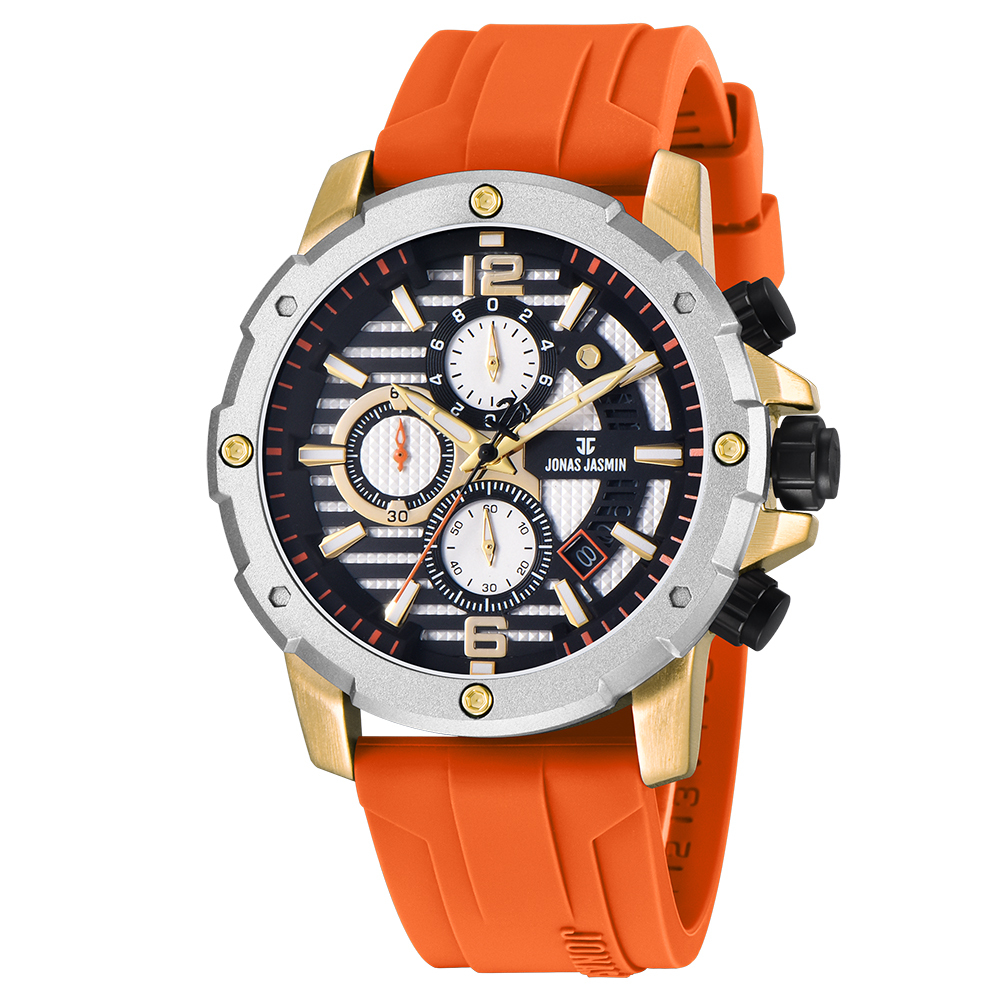 【Jonas Jasmin 喬納斯】JJ-5365MC-P計時三眼帶日期男款矽膠石英錶-