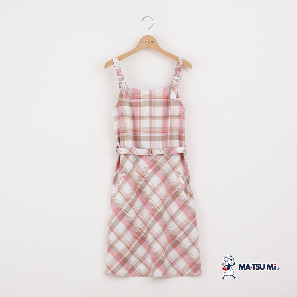 MA‧TSU Mi 學院風格紋可調節腰帶吊帶裙(粉.水藍)