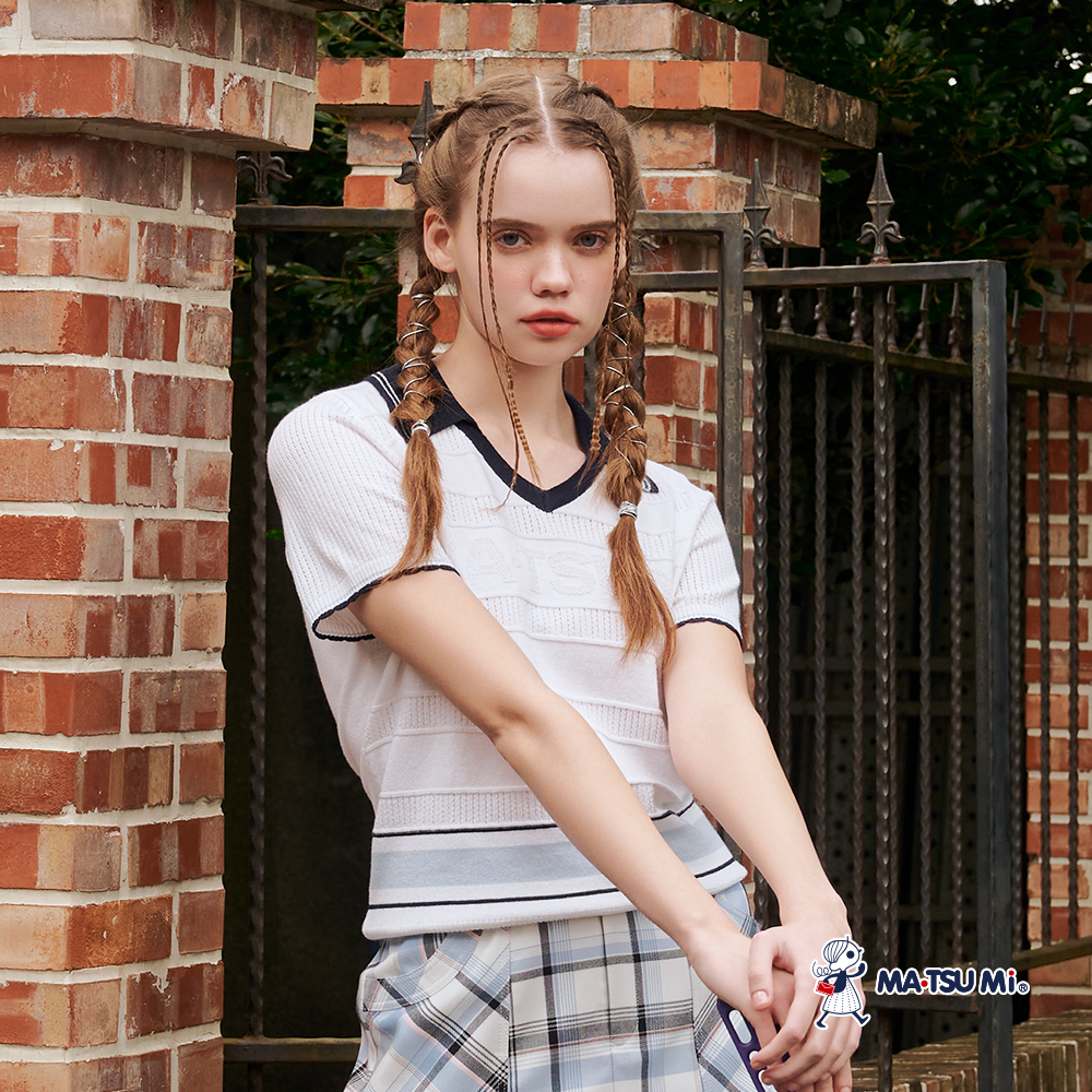 MA‧TSU Mi V領美式撞色壓紋針織上衣(白)