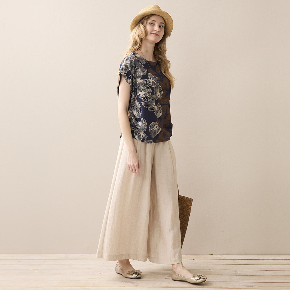 PIPPY 優雅棉麻透氣寬口長褲 米