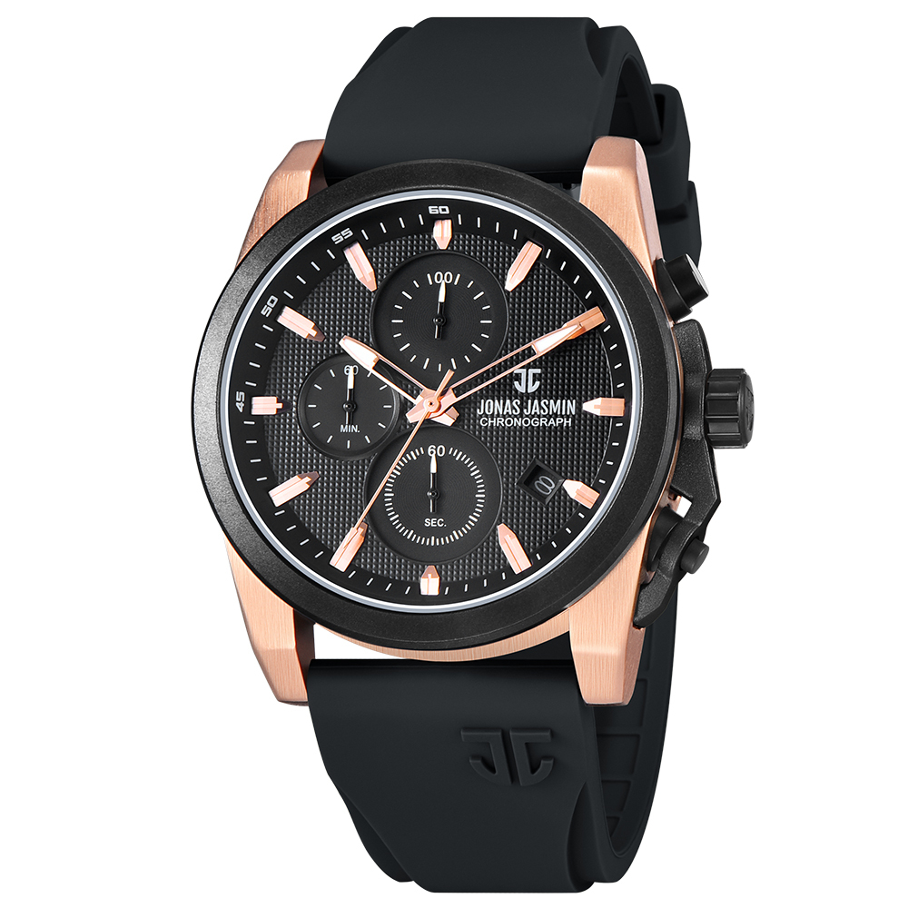 【Jonas Jasmin 喬納斯】JJ-5357MC-P計時三眼帶日期男款矽膠石英錶-