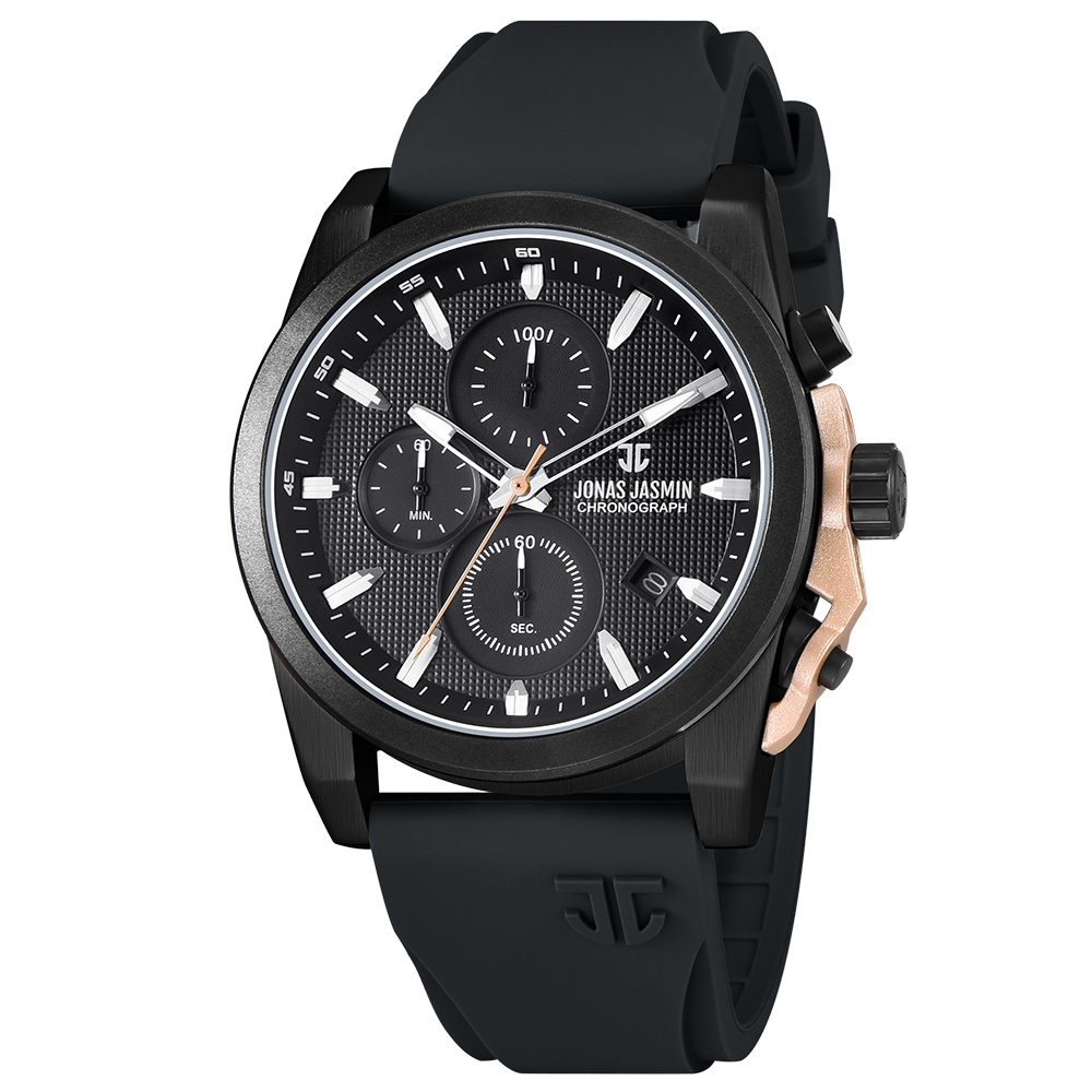 【Jonas Jasmin 喬納斯】JJ-5357MC-P計時三眼帶日期男款矽膠石英錶-