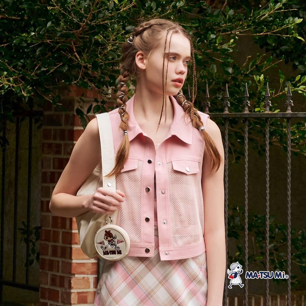 MA‧TSU Mi 簍空網格洞洞翻領開釦背心(粉.深藍)