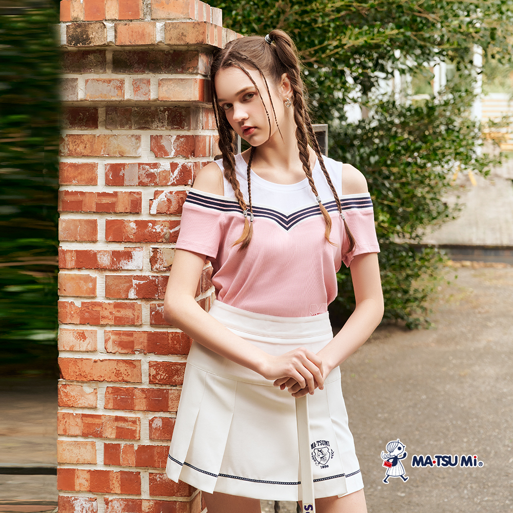 MA‧TSU Mi 假兩件撞色露肩上衣(粉.深藍)