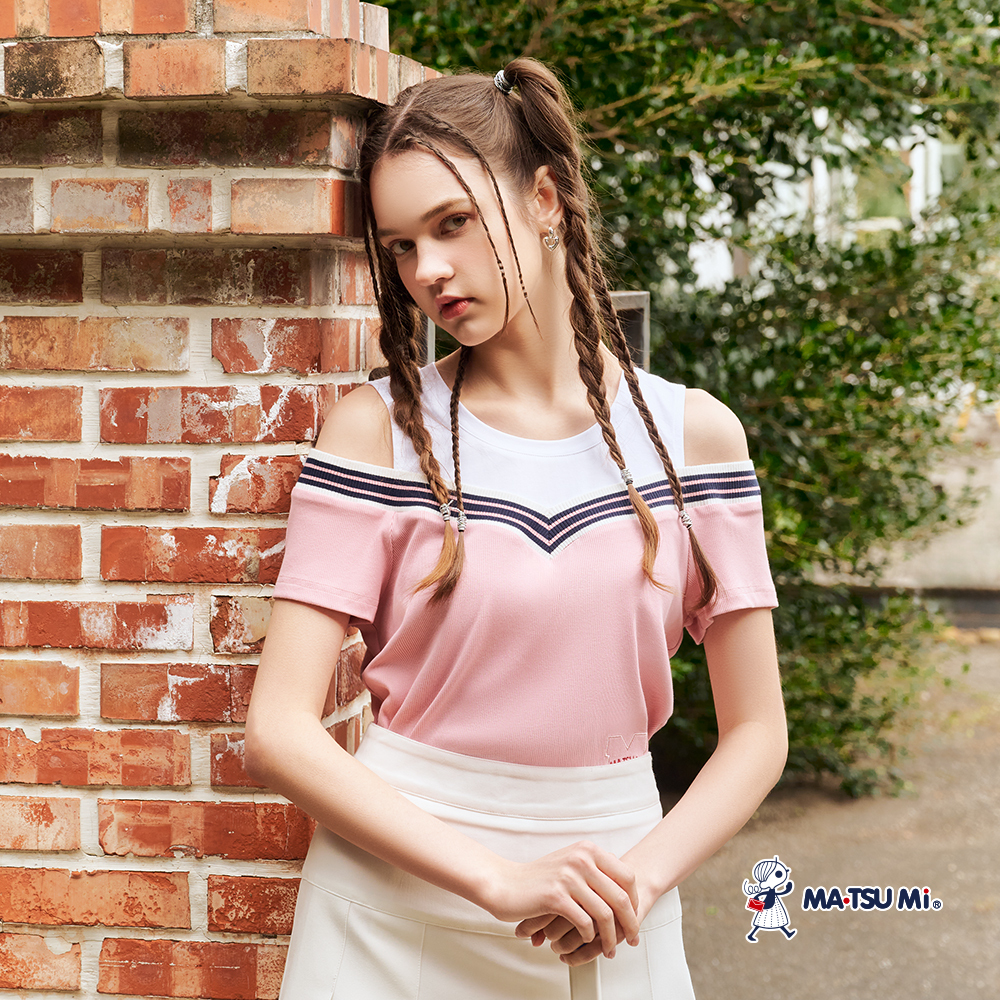 MA‧TSU Mi 假兩件撞色露肩上衣(粉.深藍)