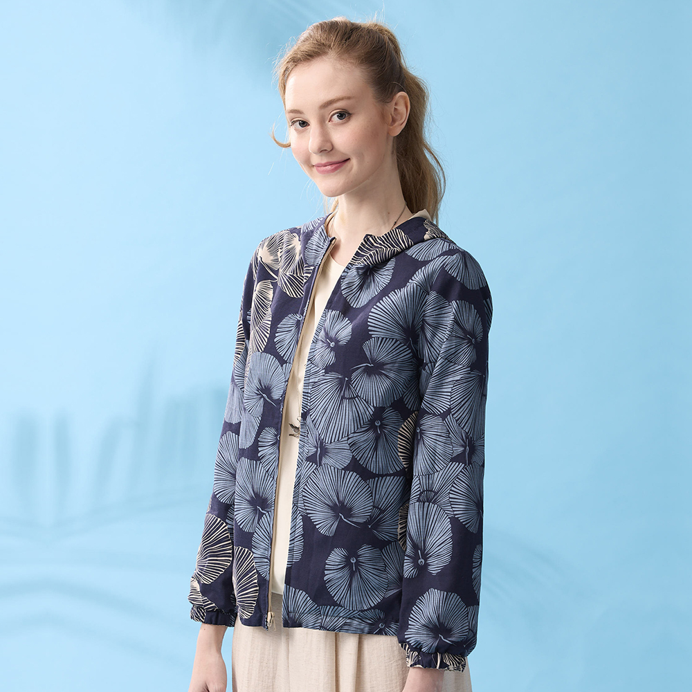 PIPPY 典雅荷葉印花雙面穿連帽外套 藍