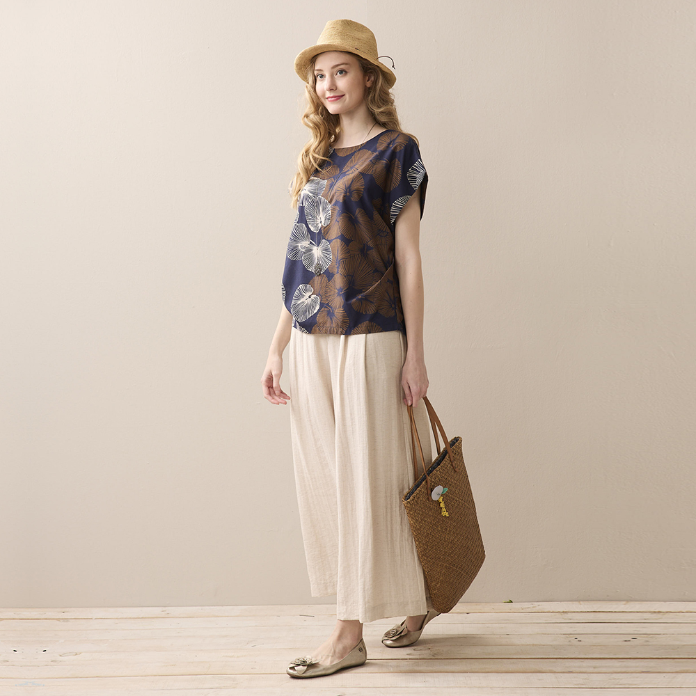 PIPPY 古典荷葉雙色印花圓領短袖上衣 棕