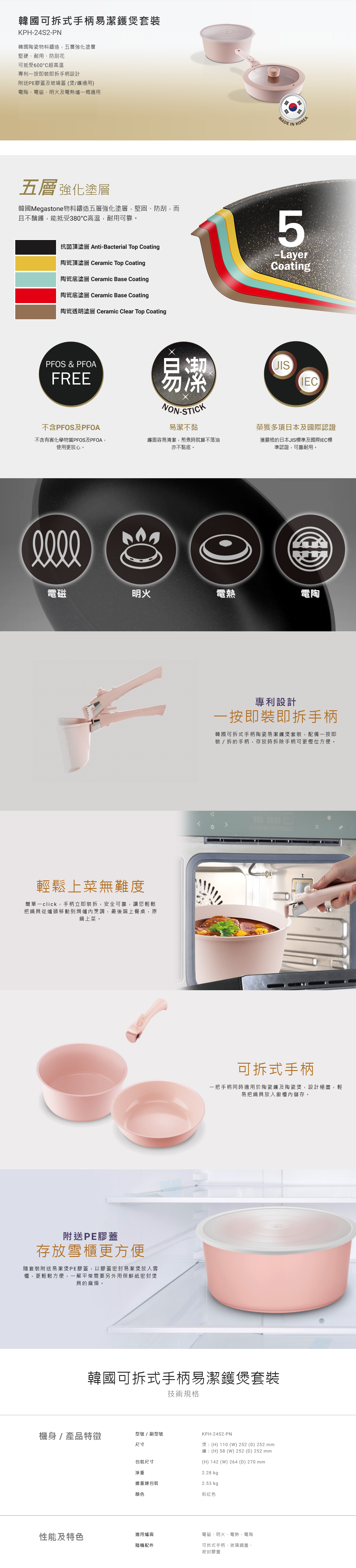 韓國可拆式手柄易潔鑊煲套裝, 韓國陶瓷物料鑄造,五層強化塗層, 堅硬、耐用、防刮花, 可抵受600°C超高溫, 專利一按即裝即拆手柄設計, 附送PE膠蓋及玻璃蓋 (煲/鑊通用), 電陶、電磁、明火及電熱爐一概適用