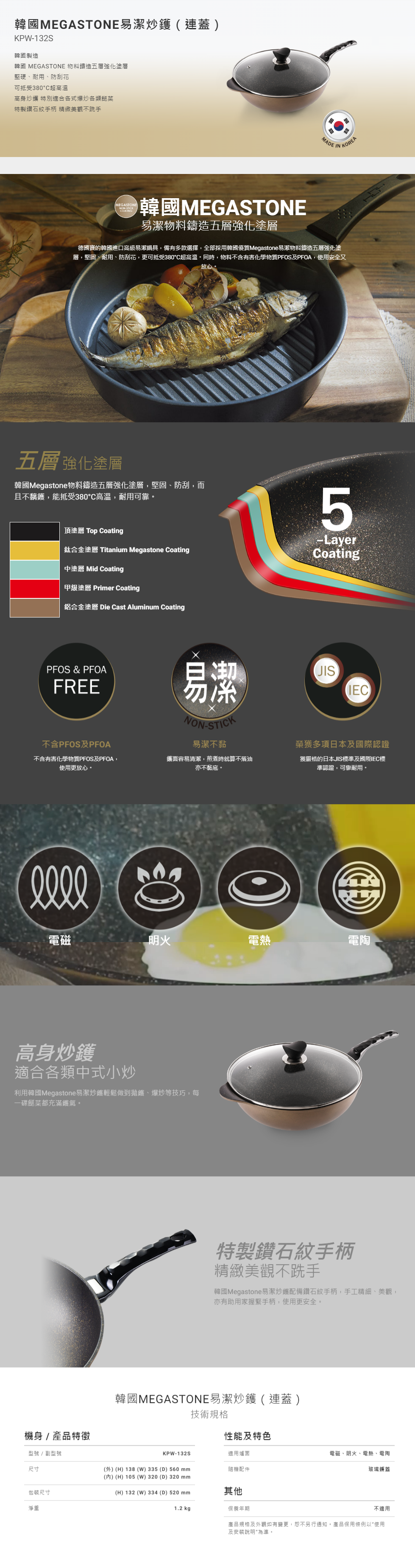 韓國MEGASTONE易潔炒鑊, 韓國製造, 韓國 MEGASTONE 物料鑄造五層強化塗層, 堅硬、耐用、防刮花, 可抵受380°C超高溫, 高身炒鑊 特別適合各式爆炒各類餸菜