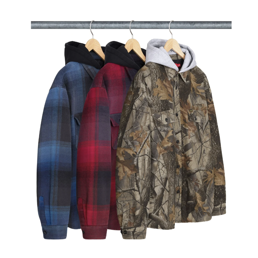-(B4d01)-SUPREME QUILTED LINED HOODED FLANNEL SHIRT 衍縫內襯 連帽 法蘭絨 襯衫 藍色/紅色/落葉-SS25S14