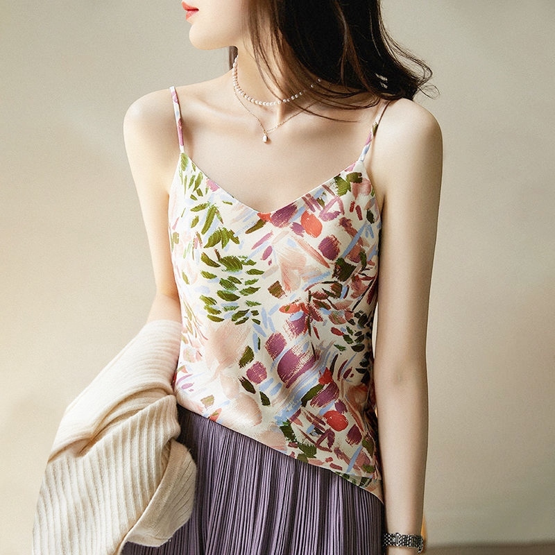多彩油畫仿緞背心 印花