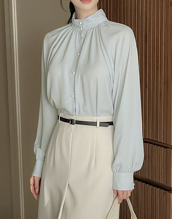 [現貨]  Nadine 抓褶領珍珠釦襯衫 [ 4色 / Free ]