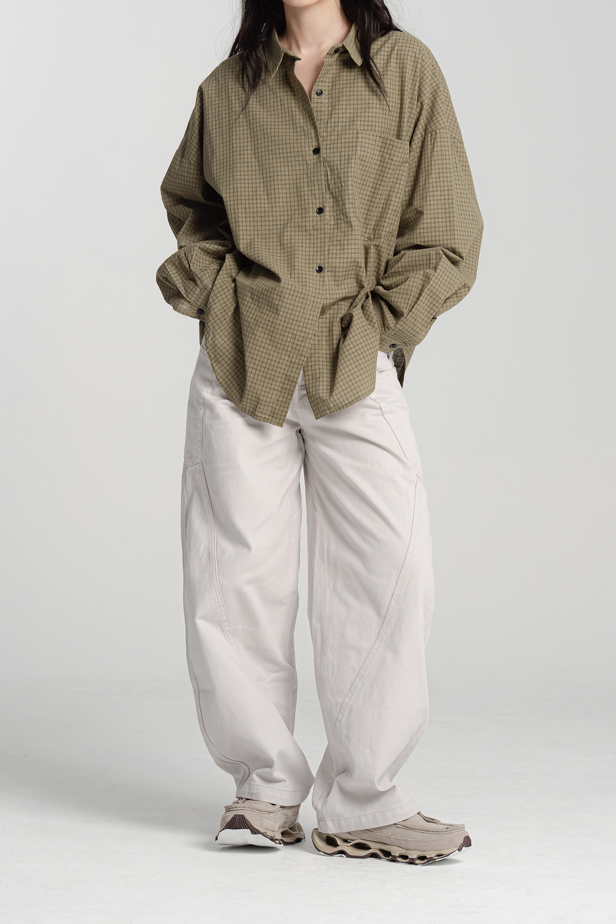 曲線車縫剪裁長褲 2色