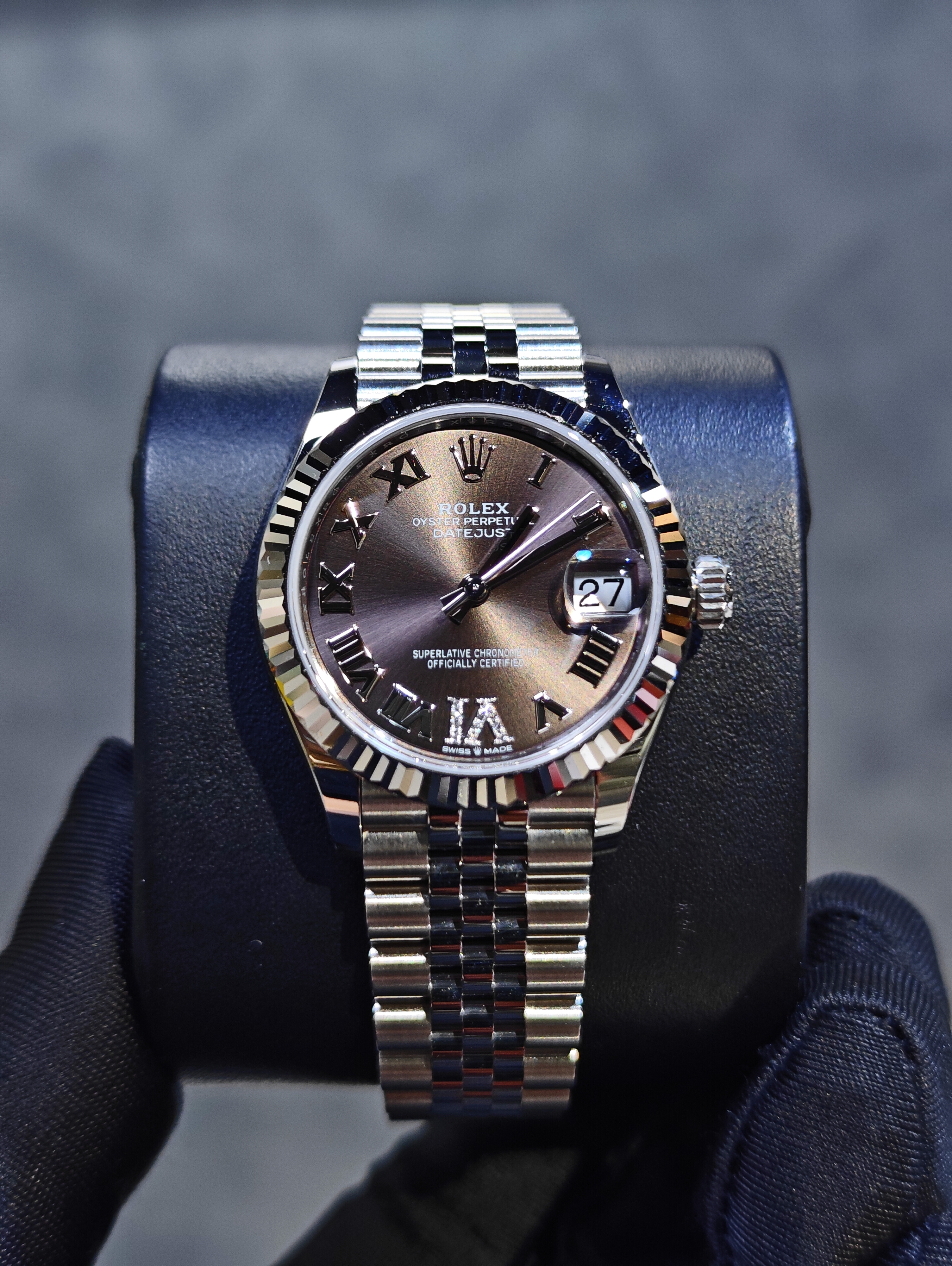 BRAND NEW ROLEX 278274 DARK GREY DIAL ROMAN WHITE GOLD STEEL DATEJUST 31 JUBILEE STRAP 31 MM